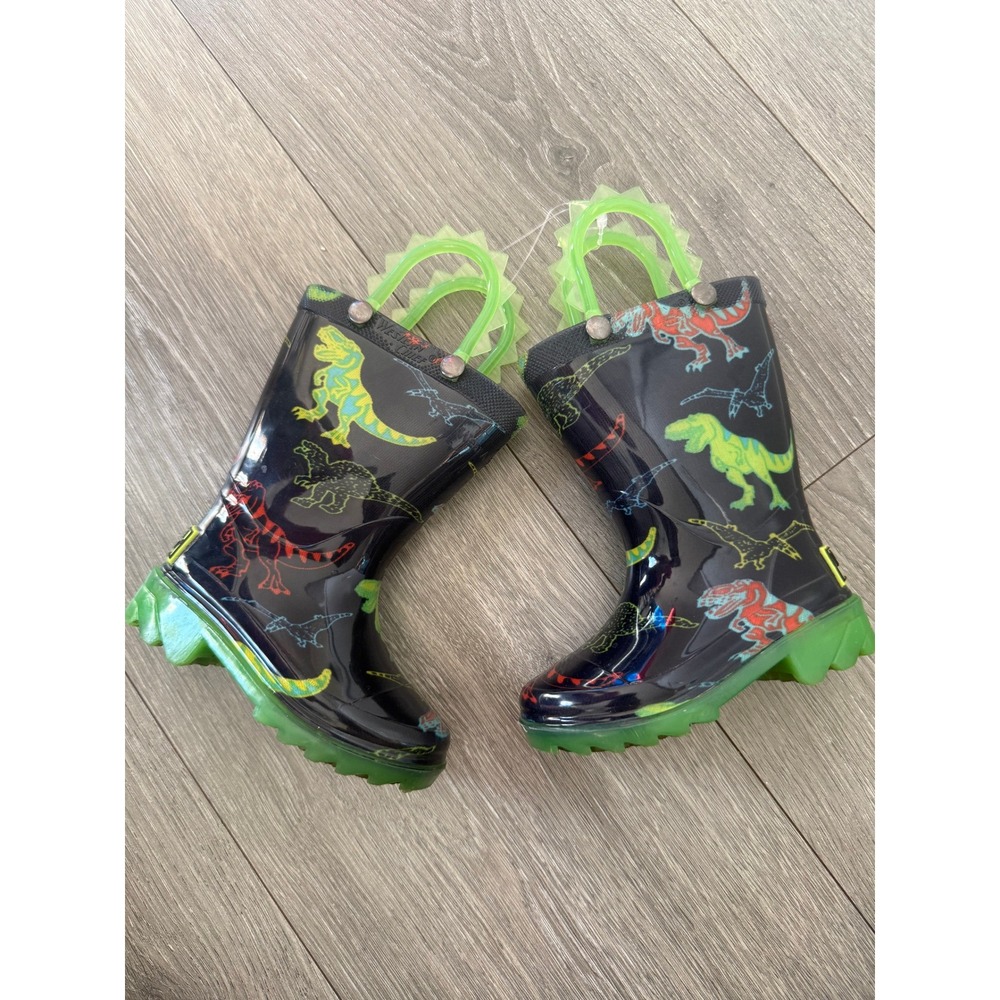 Western Chief Kids Dinosaur Rain Boots Green Pull‎ On Rubber Size 5